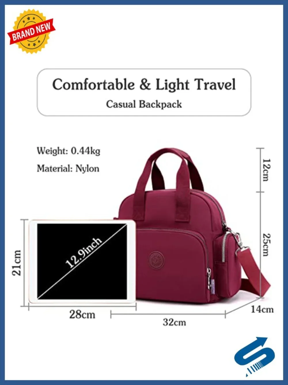 Nylon Water-Resistant Backpack with USB Charging Port, Convertible Crossbody